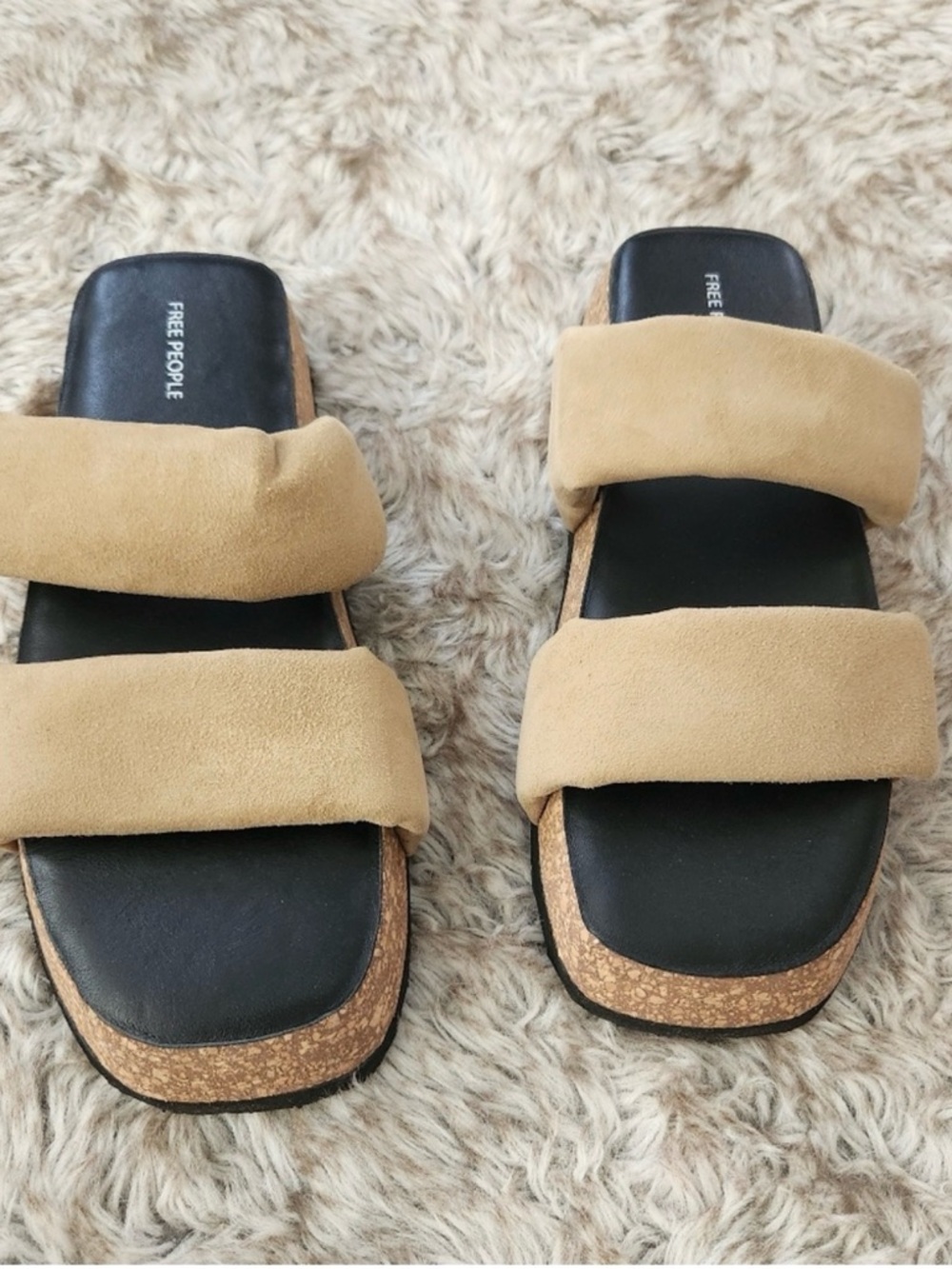Free People Tan Double-Strap Cork Platform Slide Sandals - Picture 2 of 6